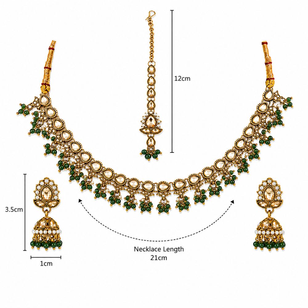 Ishvani - Green Beaded Kundan  Jhumka Necklace Set with Earrings & Maang Tikka