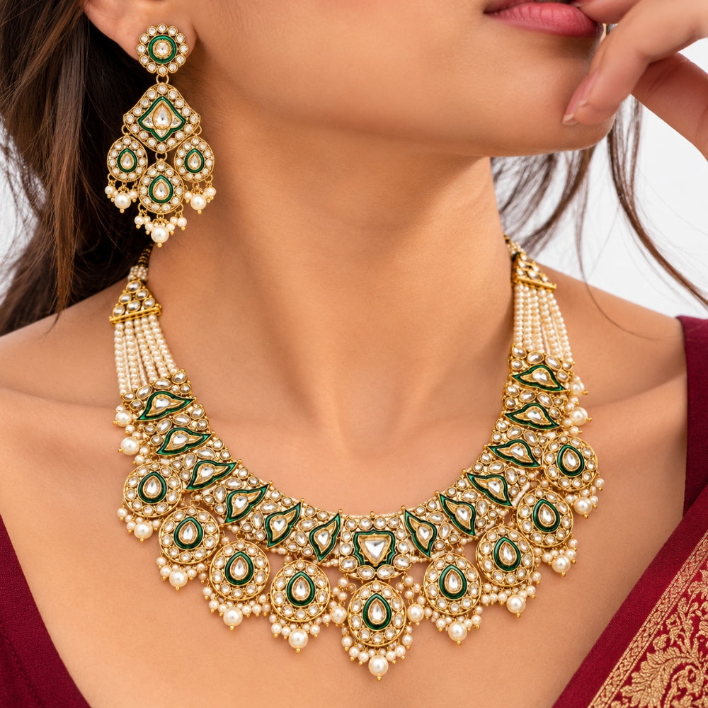 Suniksha- Green Kundan-Style Pearl Beaded Necklace Set