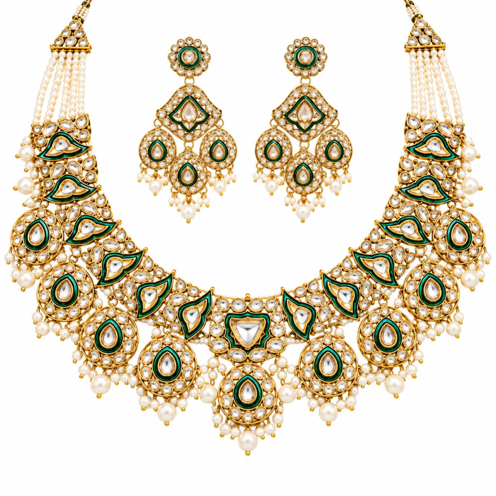 Suniksha- Green Kundan-Style Pearl Beaded Necklace Set