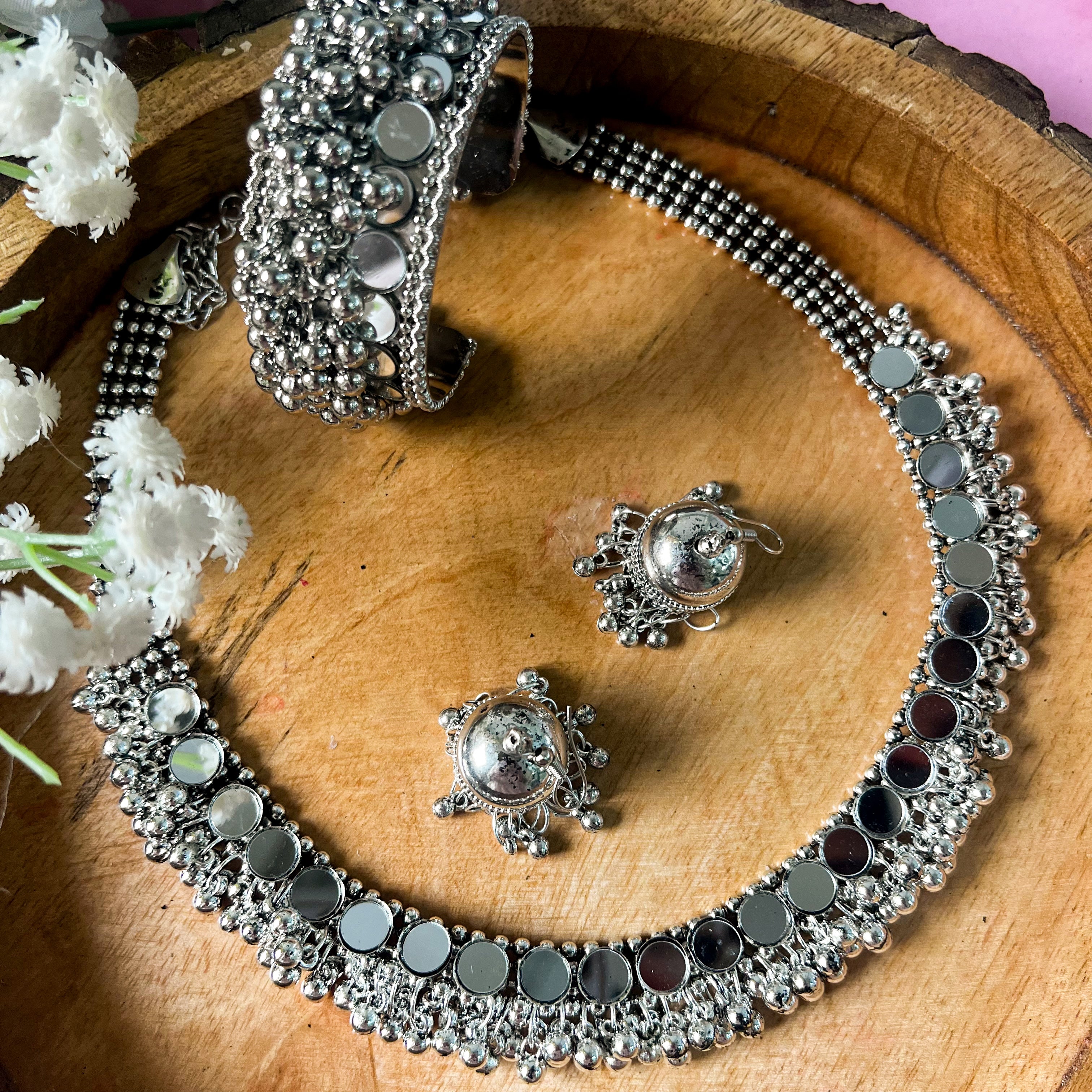 Silver Oxidised Necklace Set And Kada Gift Set