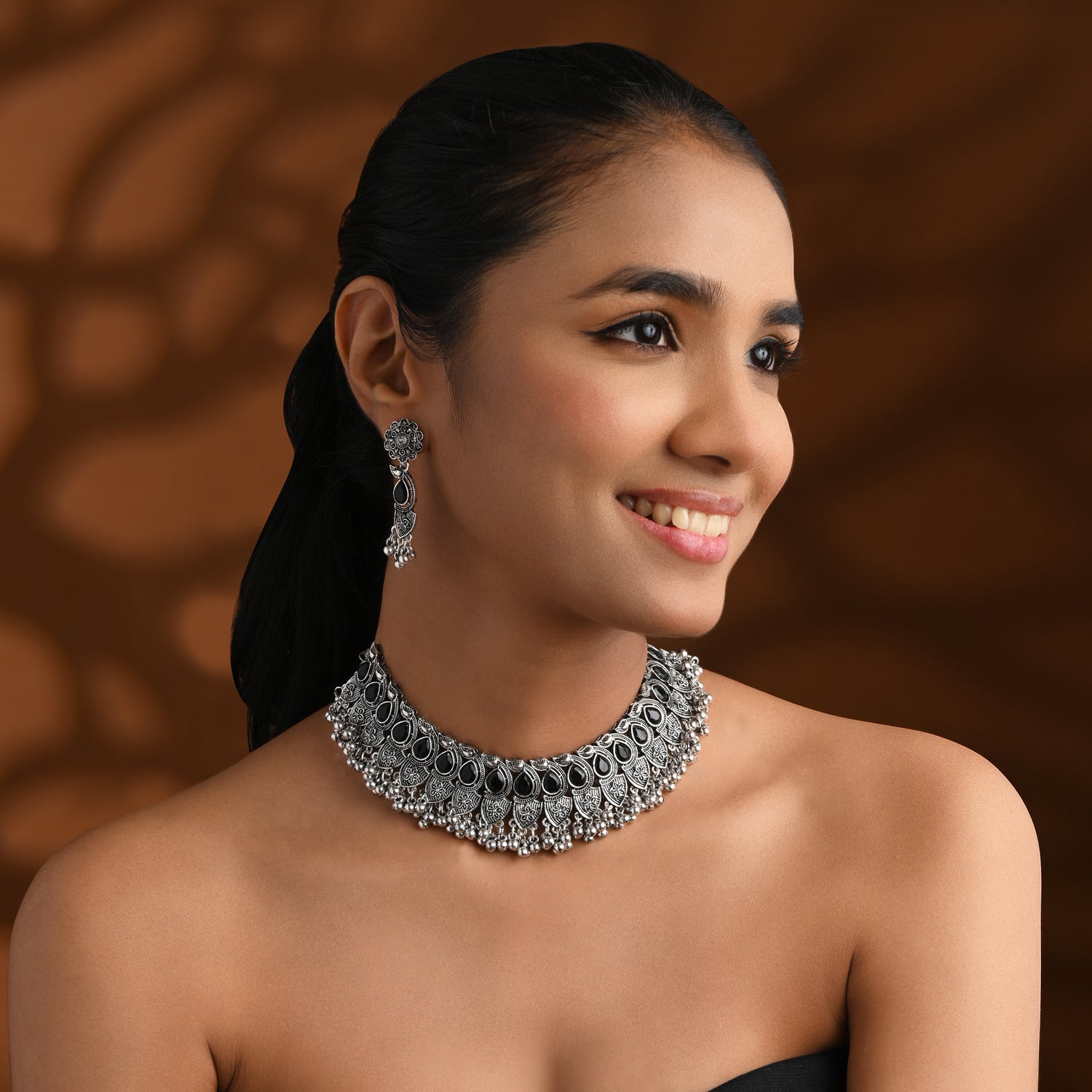 Tiya Black Oxidised Choker Set
