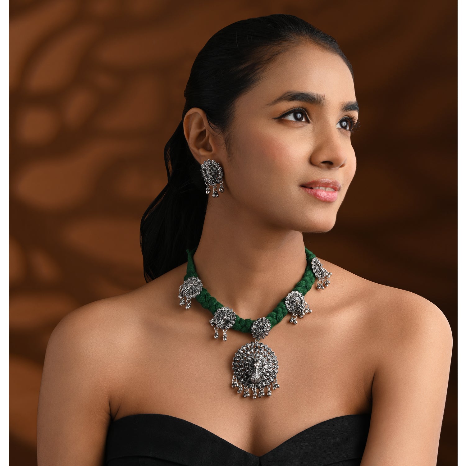 Oxidised Peacock Motif Green Necklace Set with Earrings - Traditional Wear
