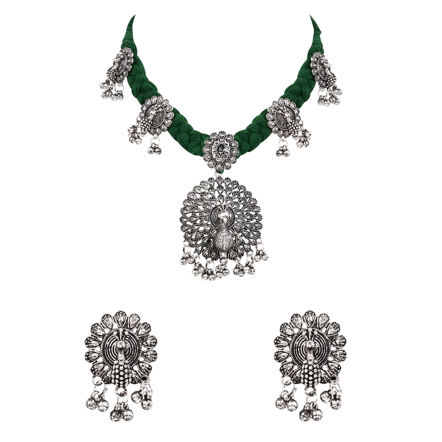Oxidised Peacock Motif Green Necklace Set with Earrings - Traditional Wear