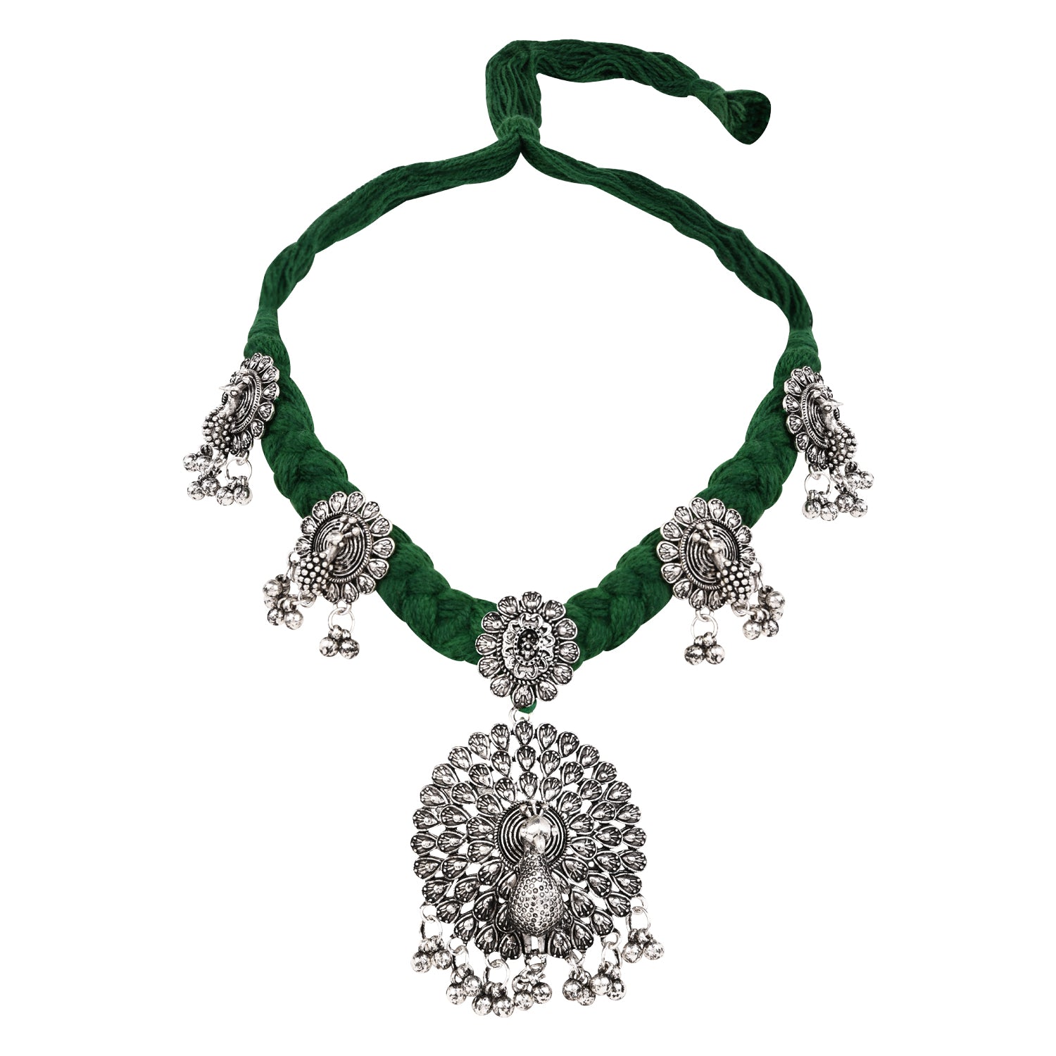 Oxidised Peacock Motif Green Necklace Set with Earrings - Traditional Wear