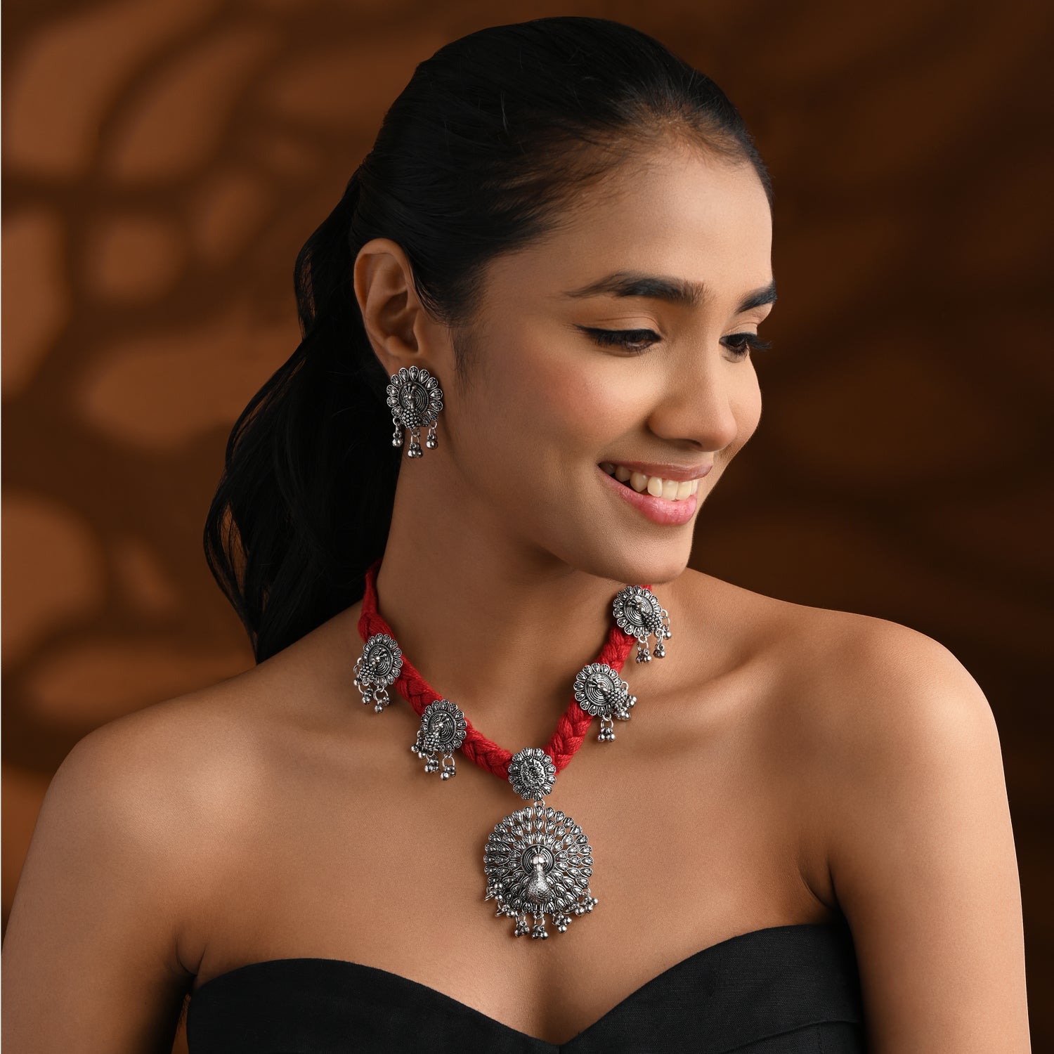 Oxidised Peacock Motif Red Necklace Set with Earrings - Traditional Wear