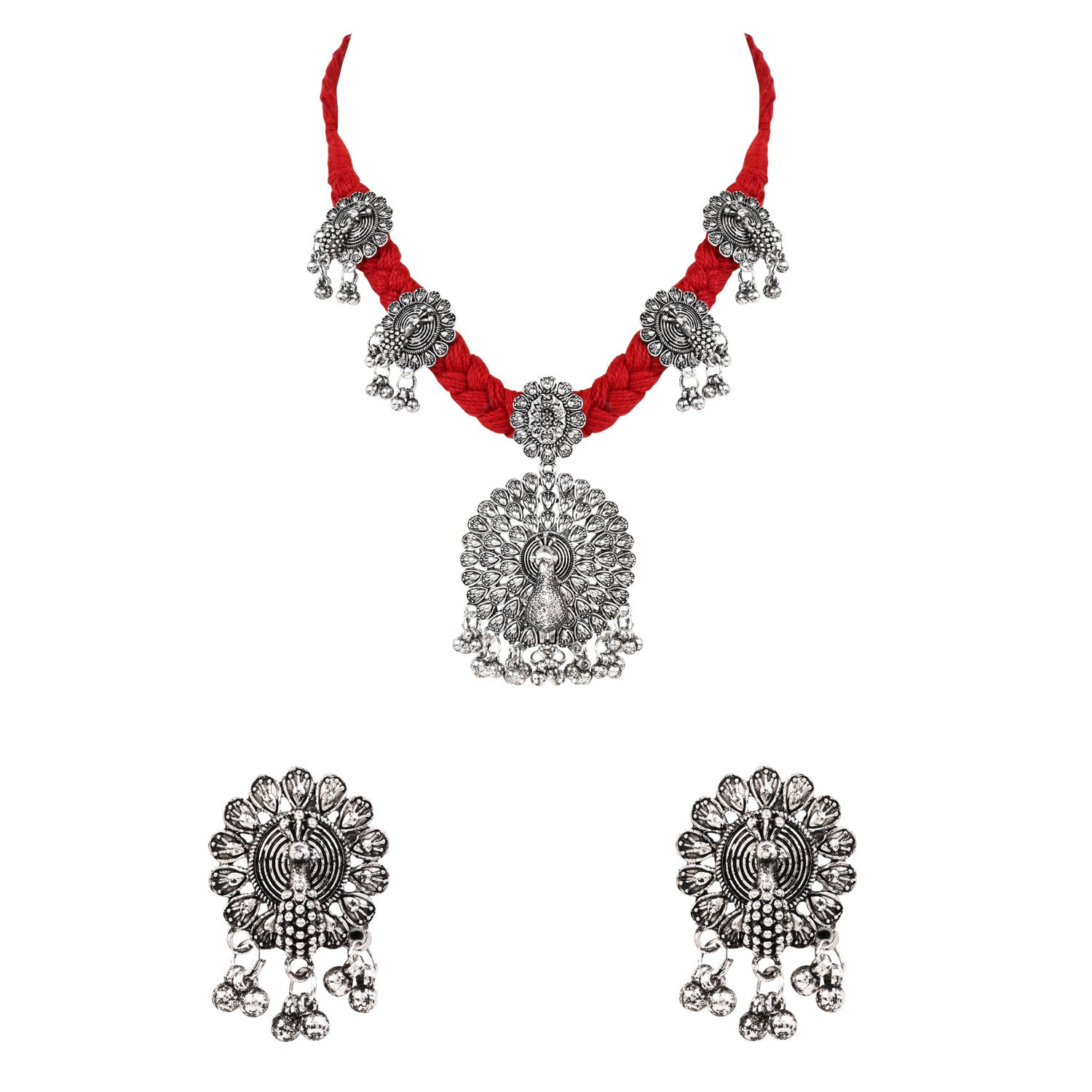Oxidised Peacock Motif Red Necklace Set with Earrings - Traditional Wear