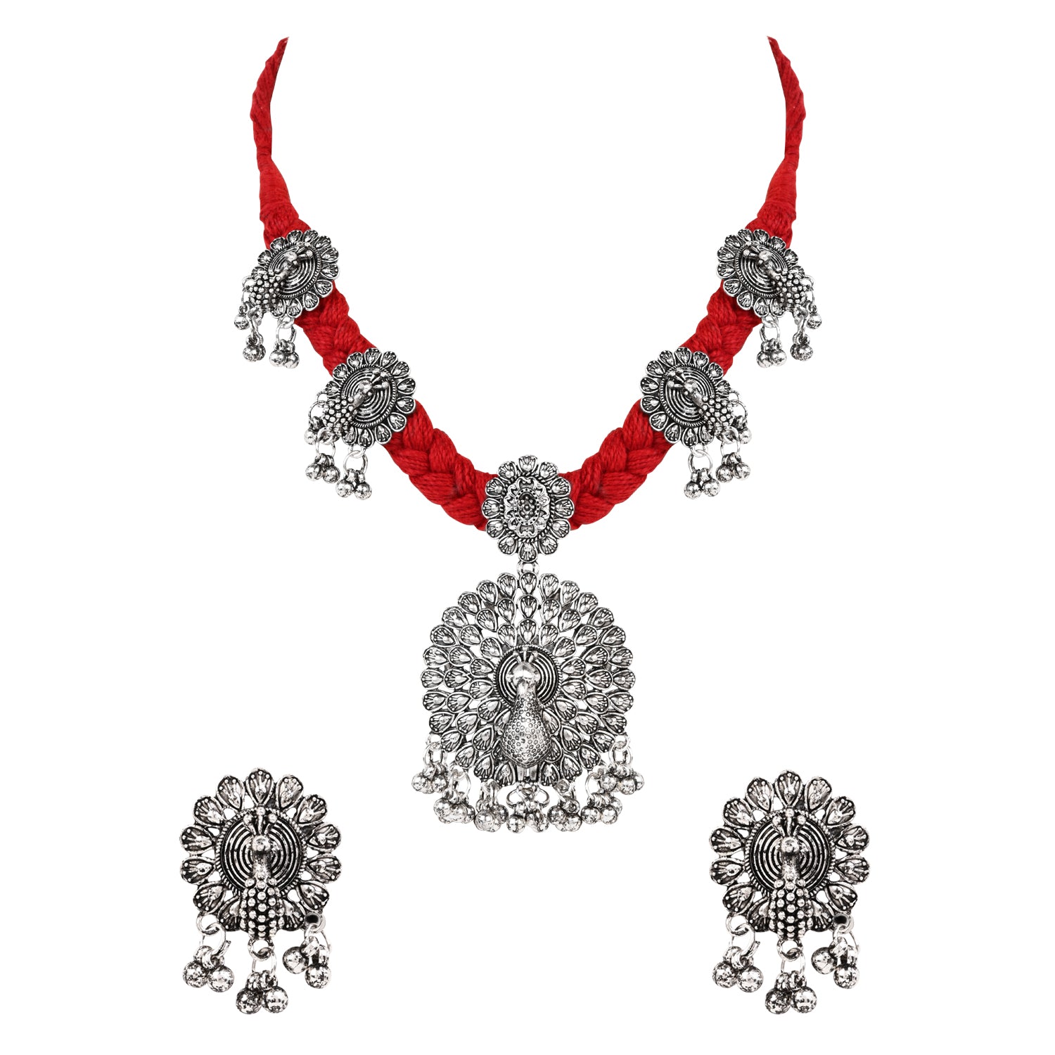 Oxidised Peacock Motif Red Necklace Set with Earrings - Traditional Wear