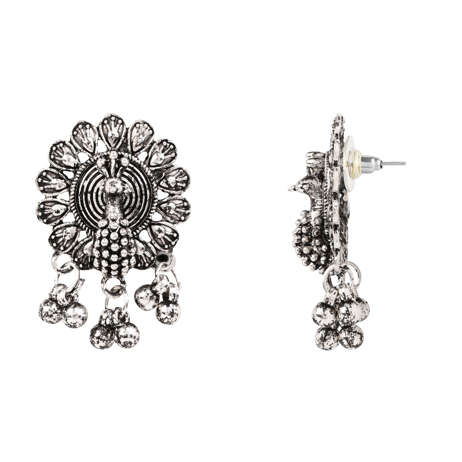 Oxidised Peacock Motif Red Necklace Set with Earrings - Traditional Wear