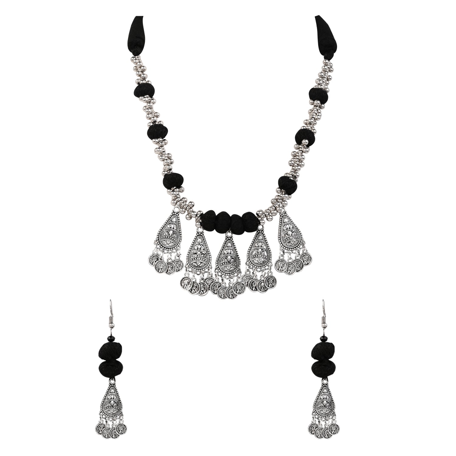 Antique Oxidised Necklace Set - Black Bead Design