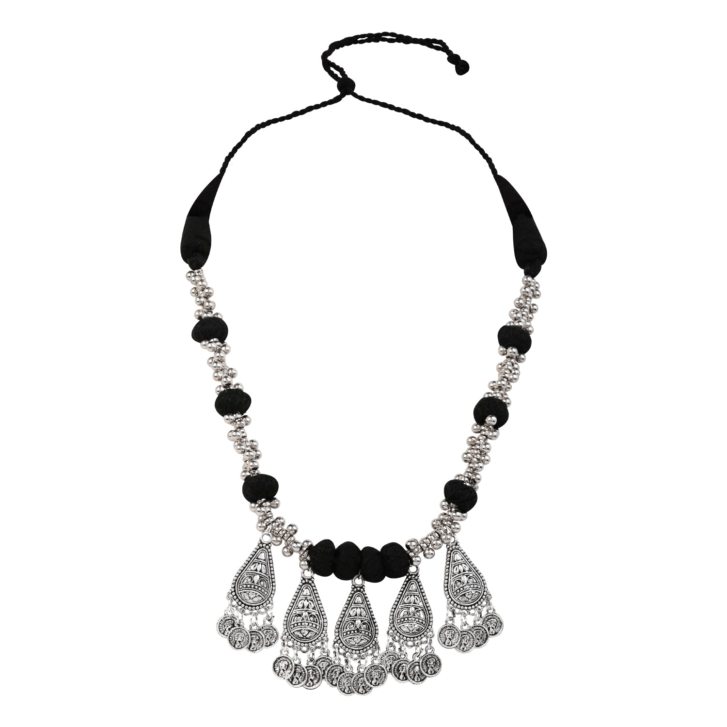 Antique Oxidised Necklace Set - Black Bead Design