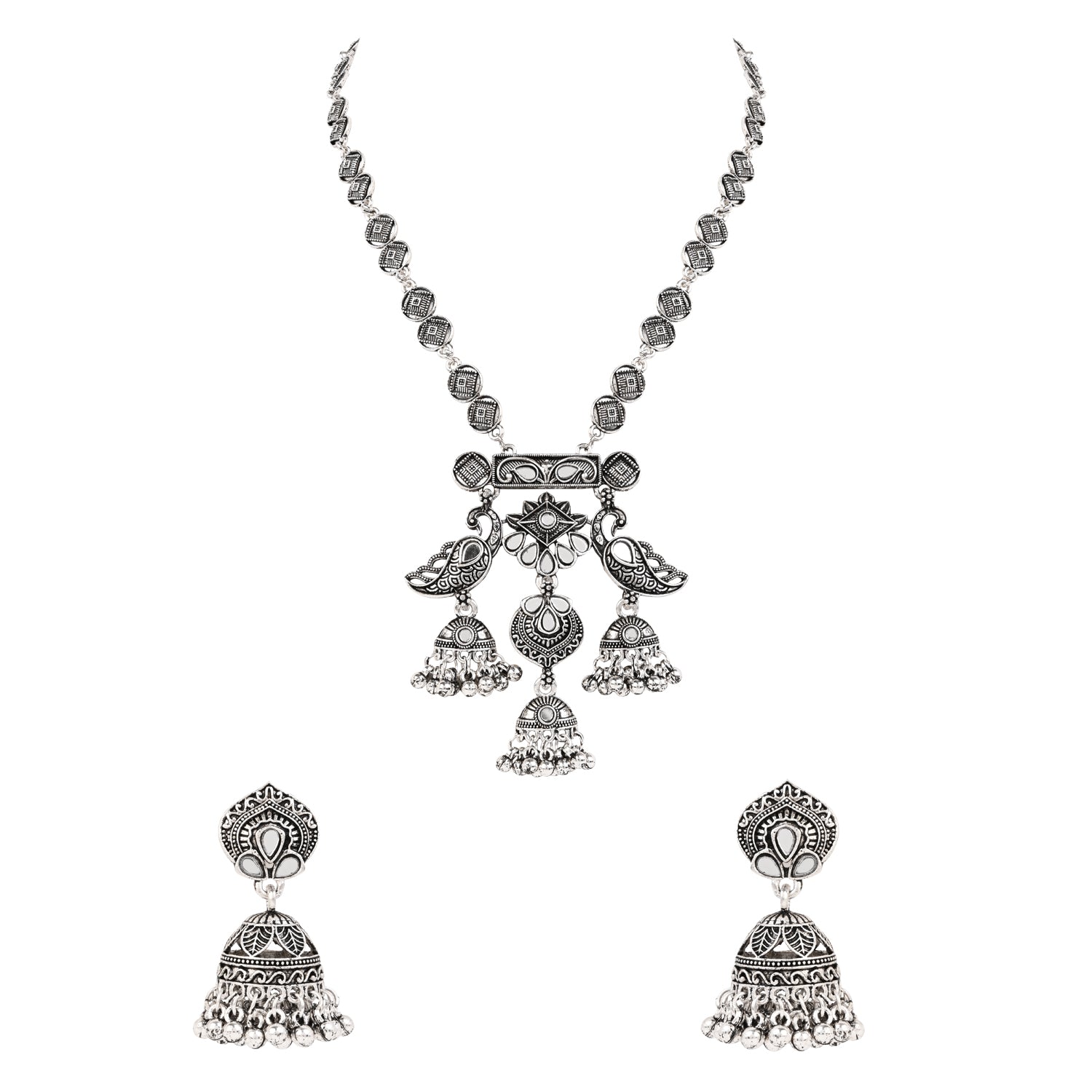 Whispering Feathers Oxidised Peacock - Necklace Set