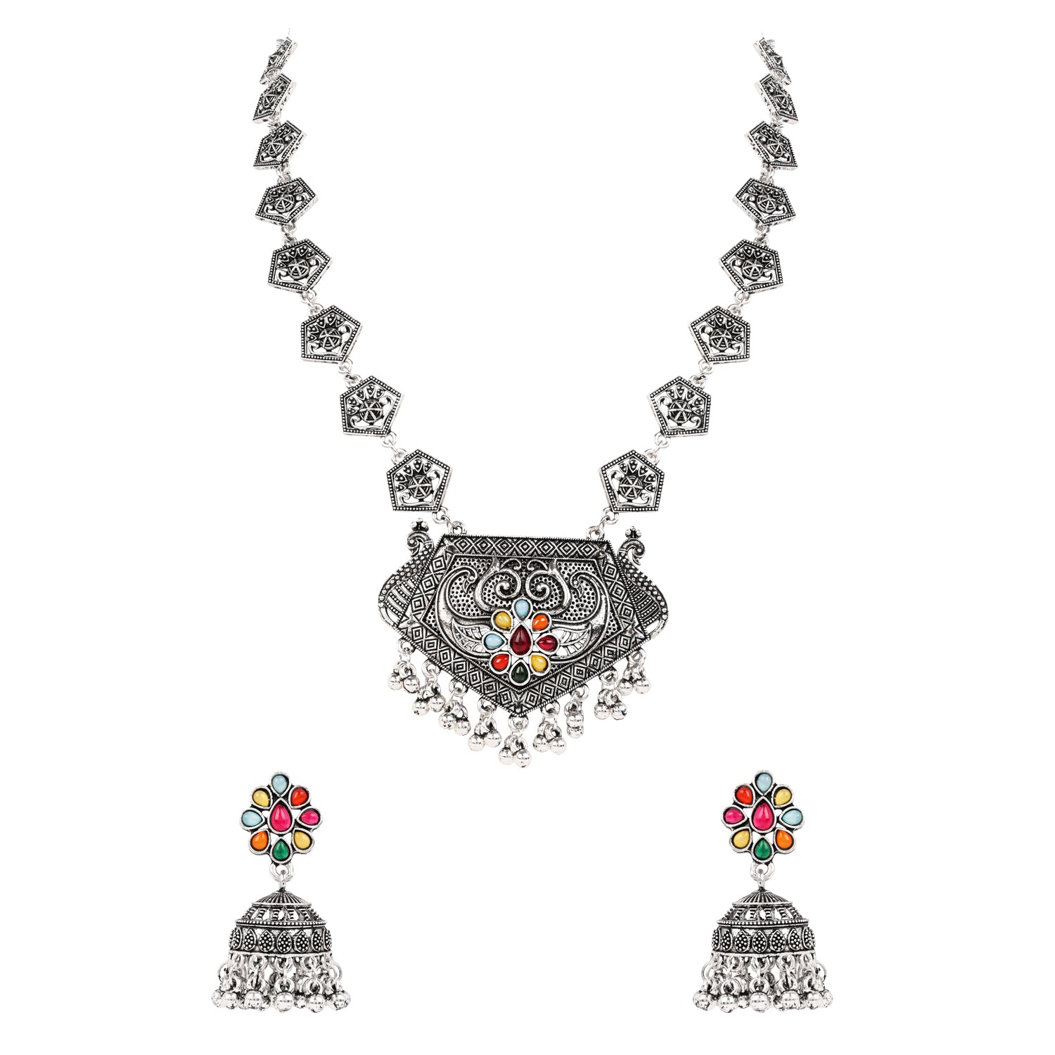 Oxidised Necklace Set - Rajasthani Multicolor Folk Design