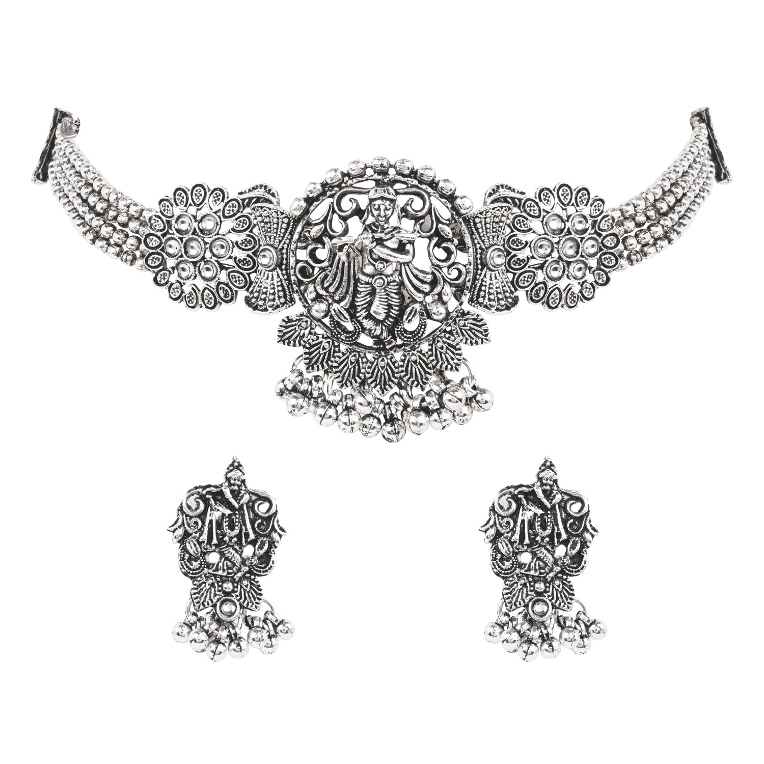 Antique Oxidised Silver Necklace Set - The Krishna Grace
