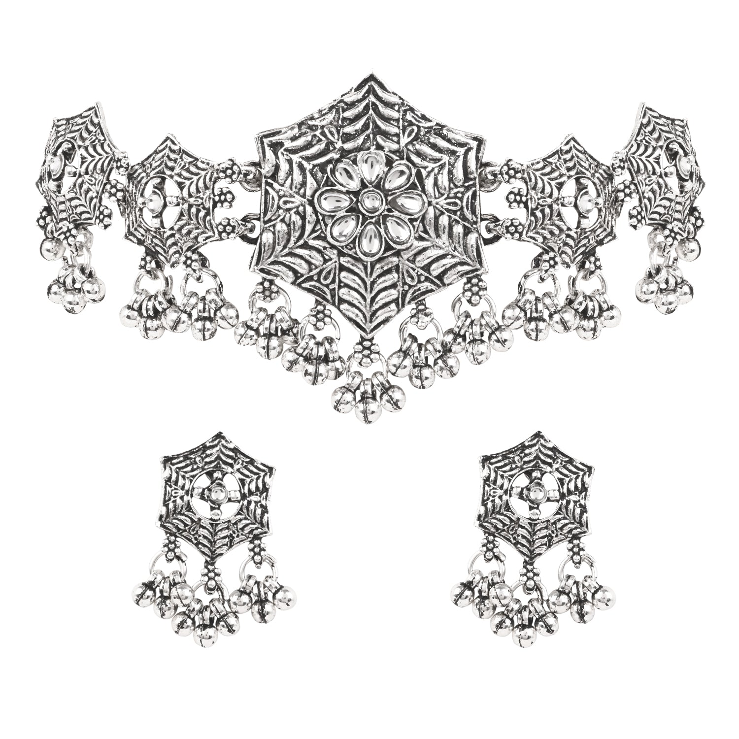 Intricate Oxidised Necklace Set - Silver Elegance