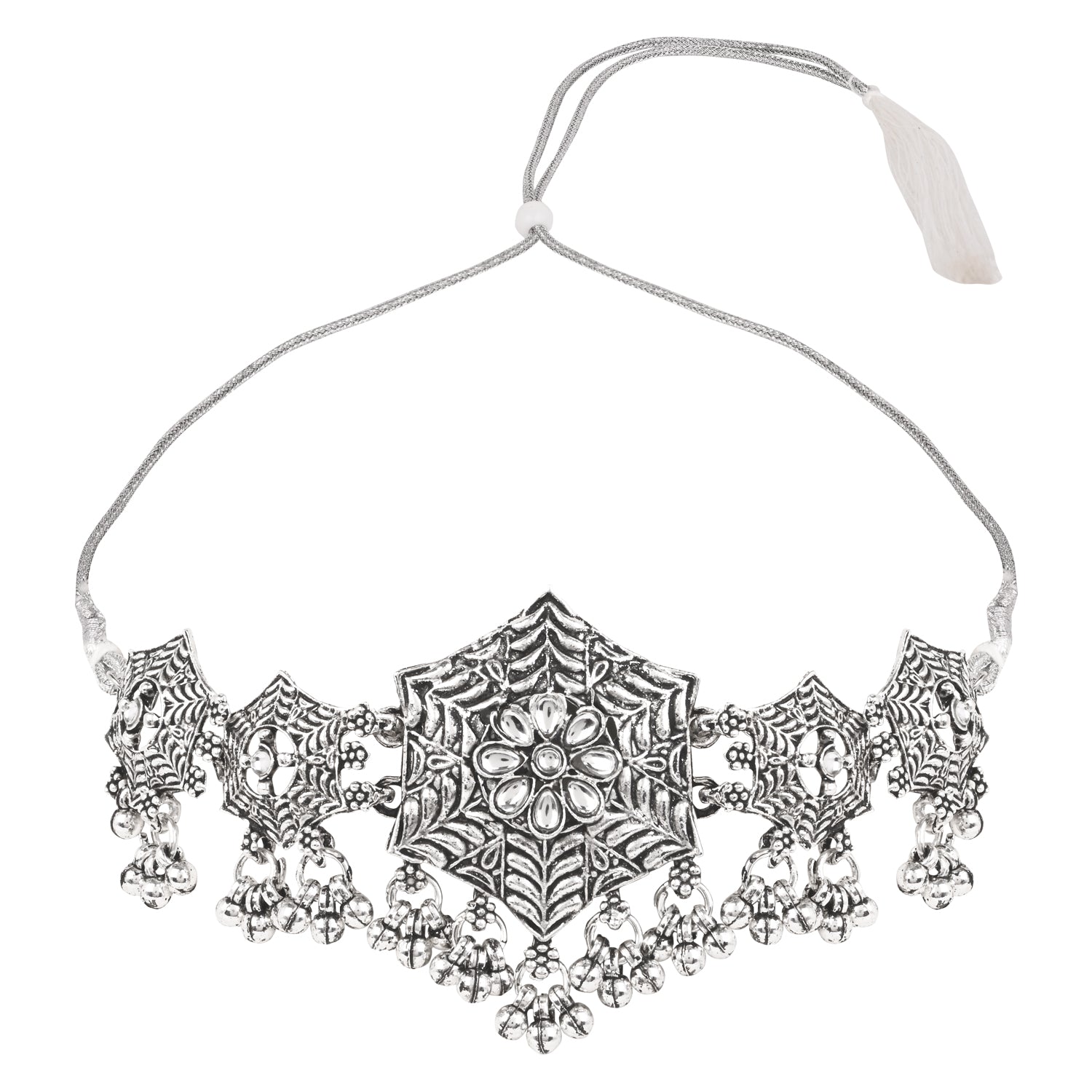 Intricate Oxidised Necklace Set - Silver Elegance