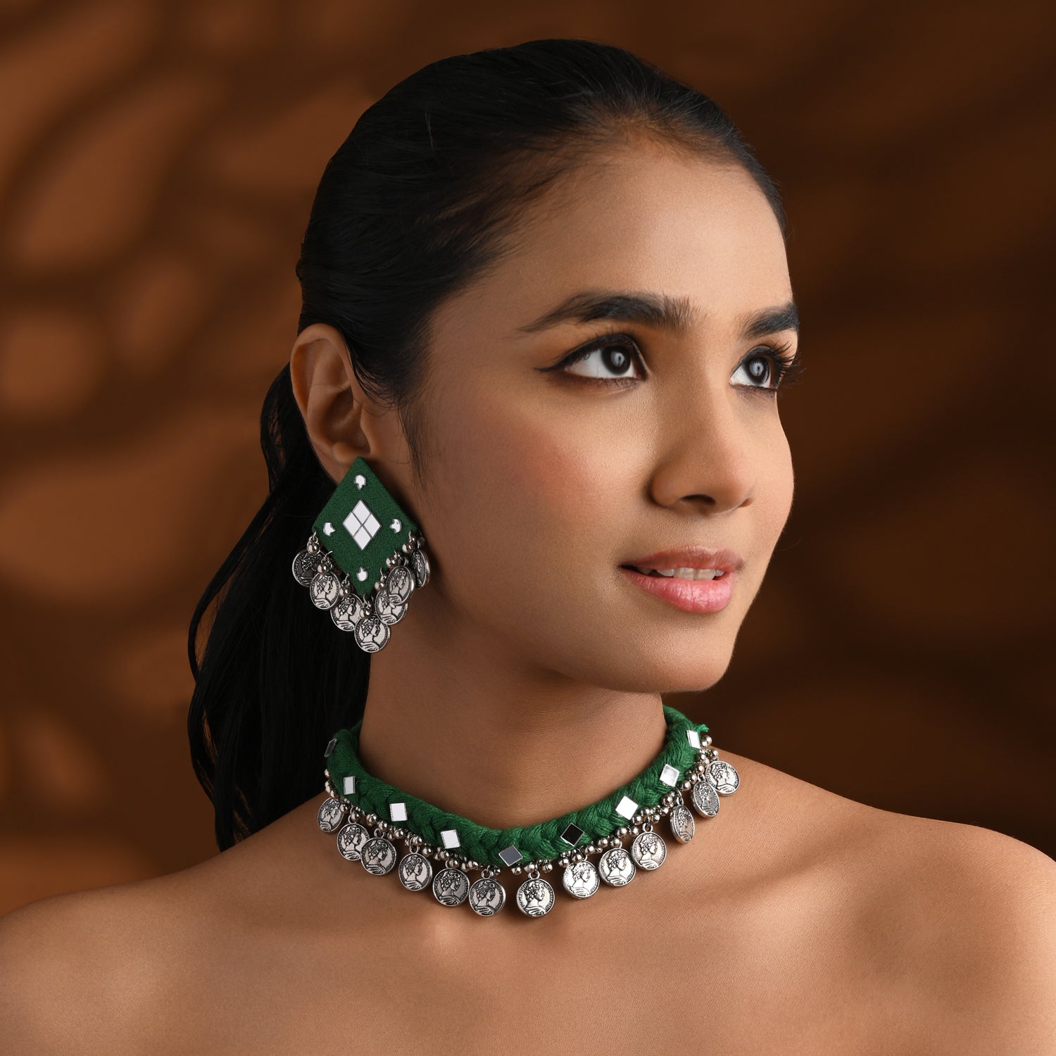 Traditional Coin Pendant Set - Green Thread Necklace & Earrings