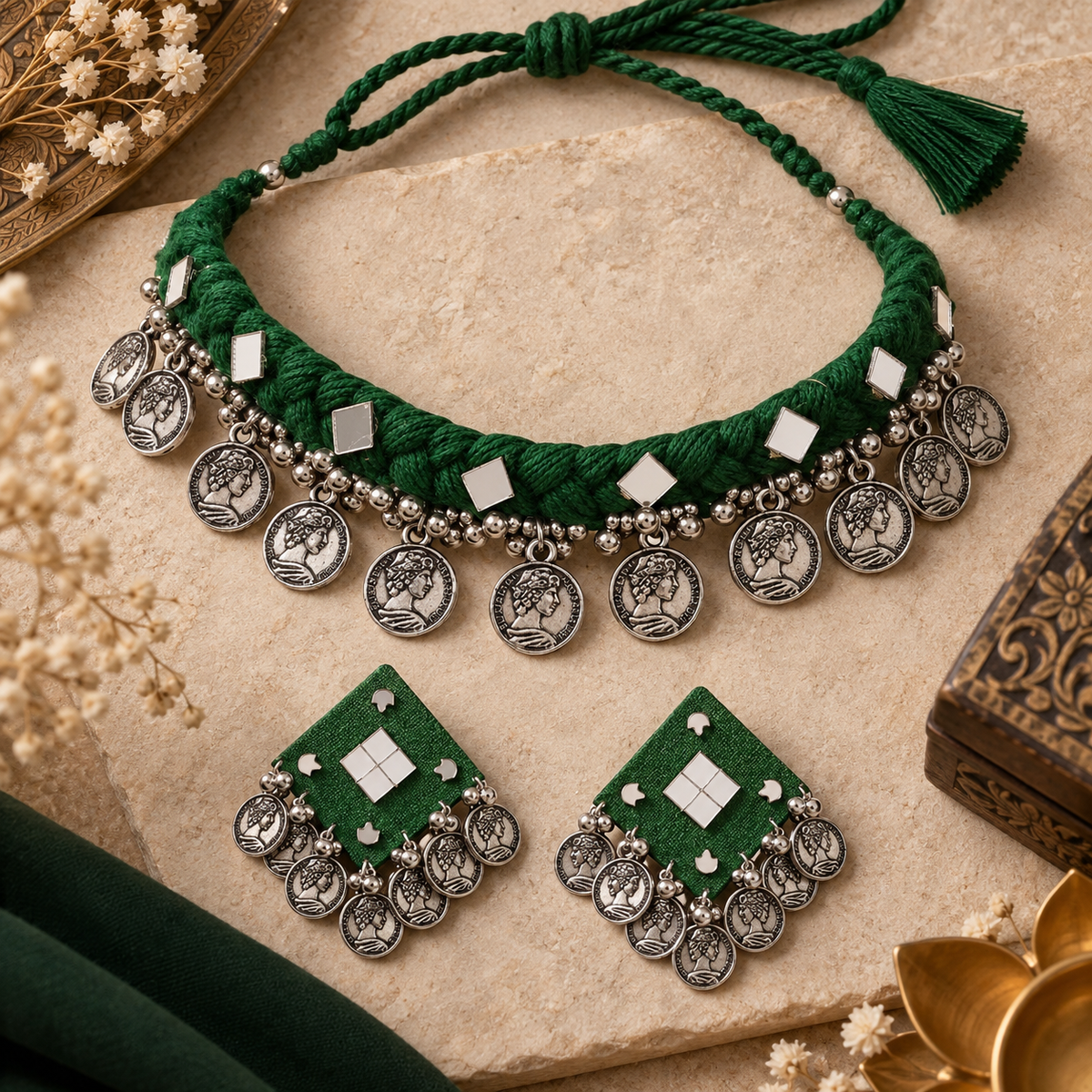 Traditional Coin Pendant Set - Green Thread Necklace & Earrings