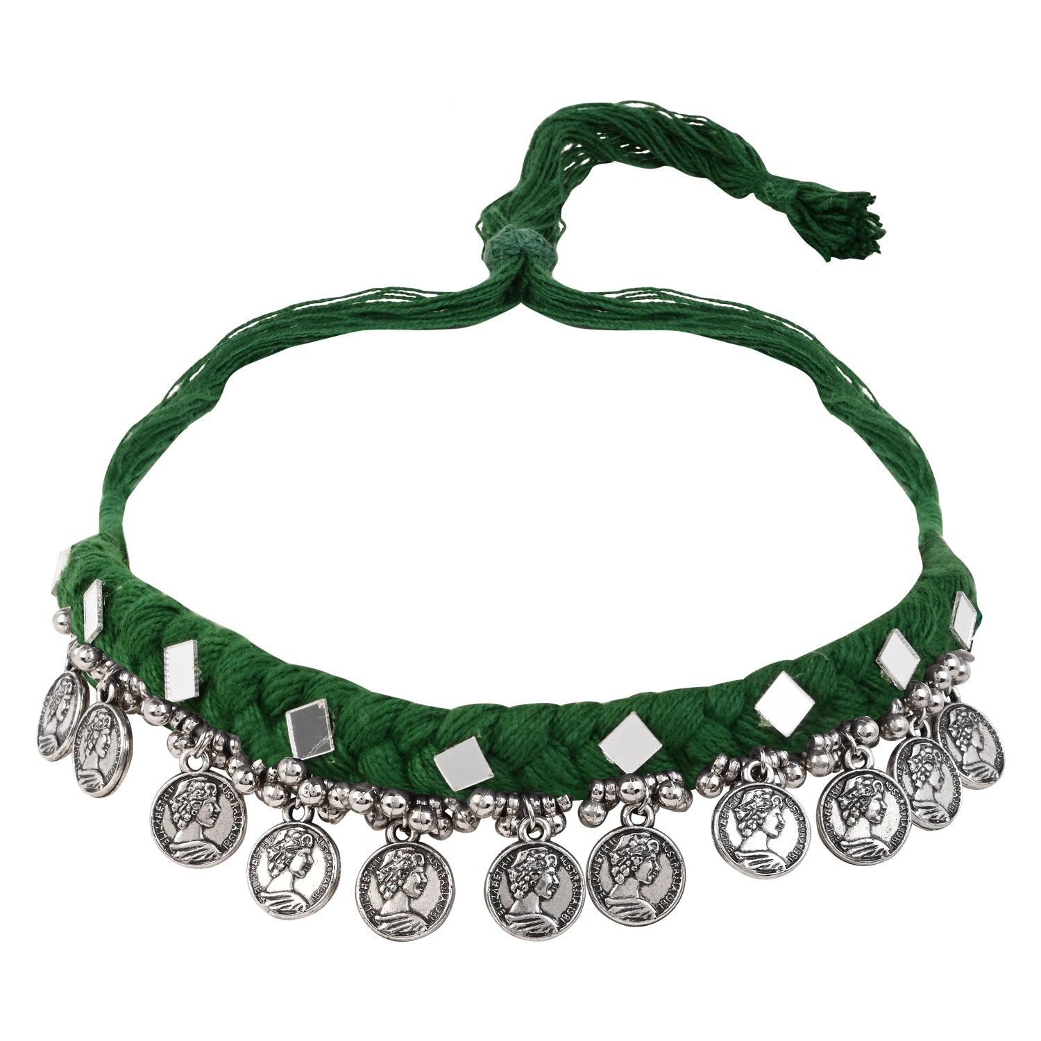 Traditional Coin Pendant Set - Green Thread Necklace & Earrings