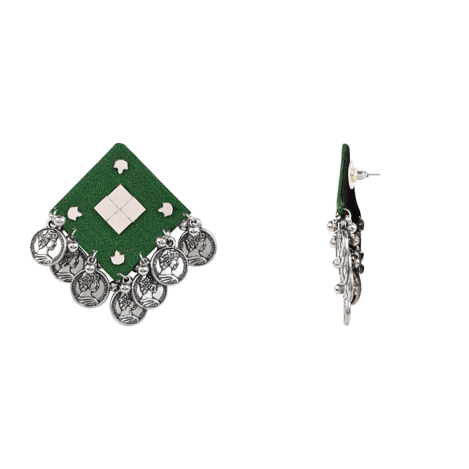 Traditional Coin Pendant Set - Green Thread Necklace & Earrings