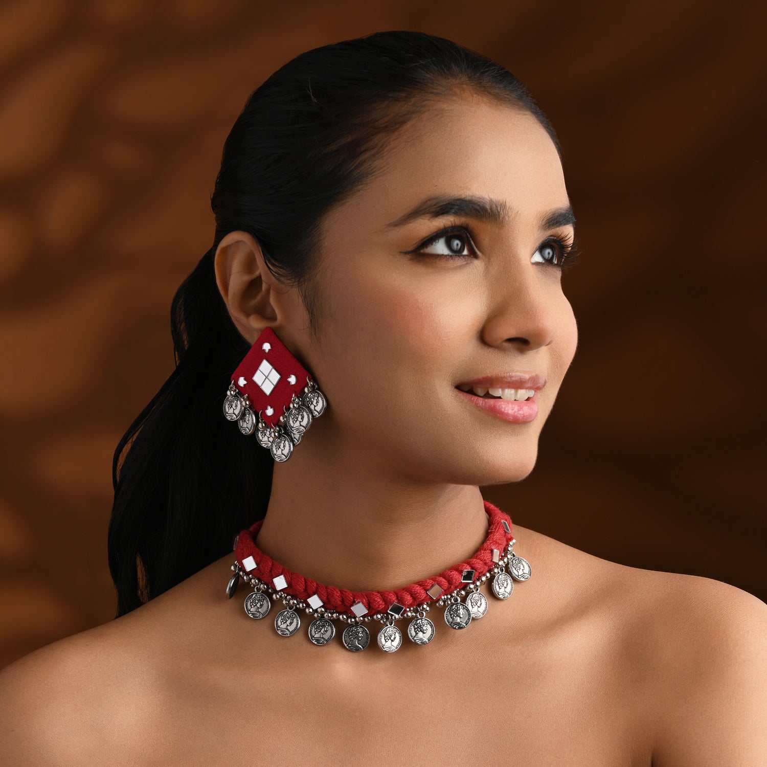 Traditional Coin Pendant Set - Red Thread Necklace & Earrings