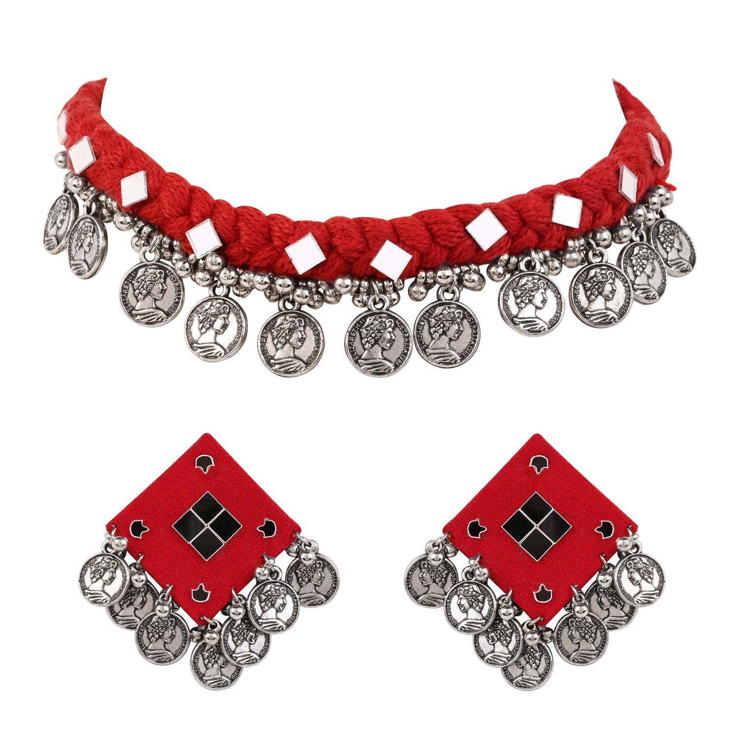 Traditional Coin Pendant Set - Red Thread Necklace & Earrings