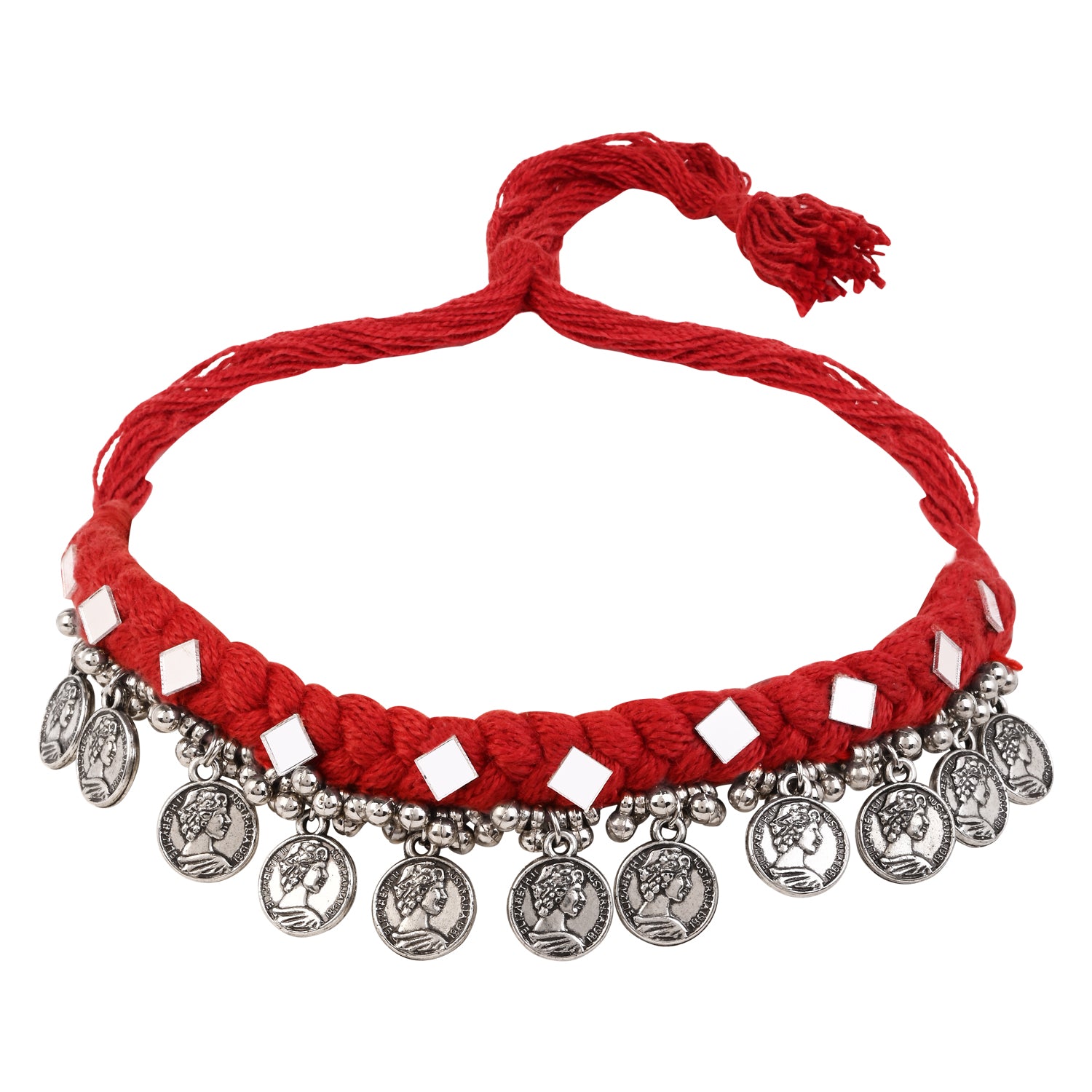 Traditional Coin Pendant Set - Red Thread Necklace & Earrings