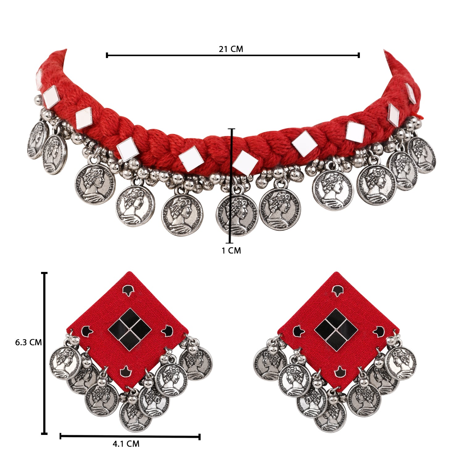 Traditional Coin Pendant Set - Red Thread Necklace & Earrings