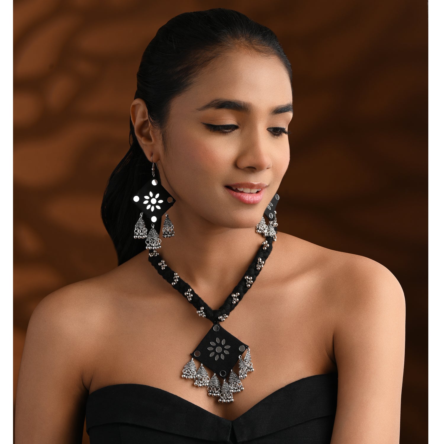 Handcrafted Oxidised Fabric Necklace Set with Earrings