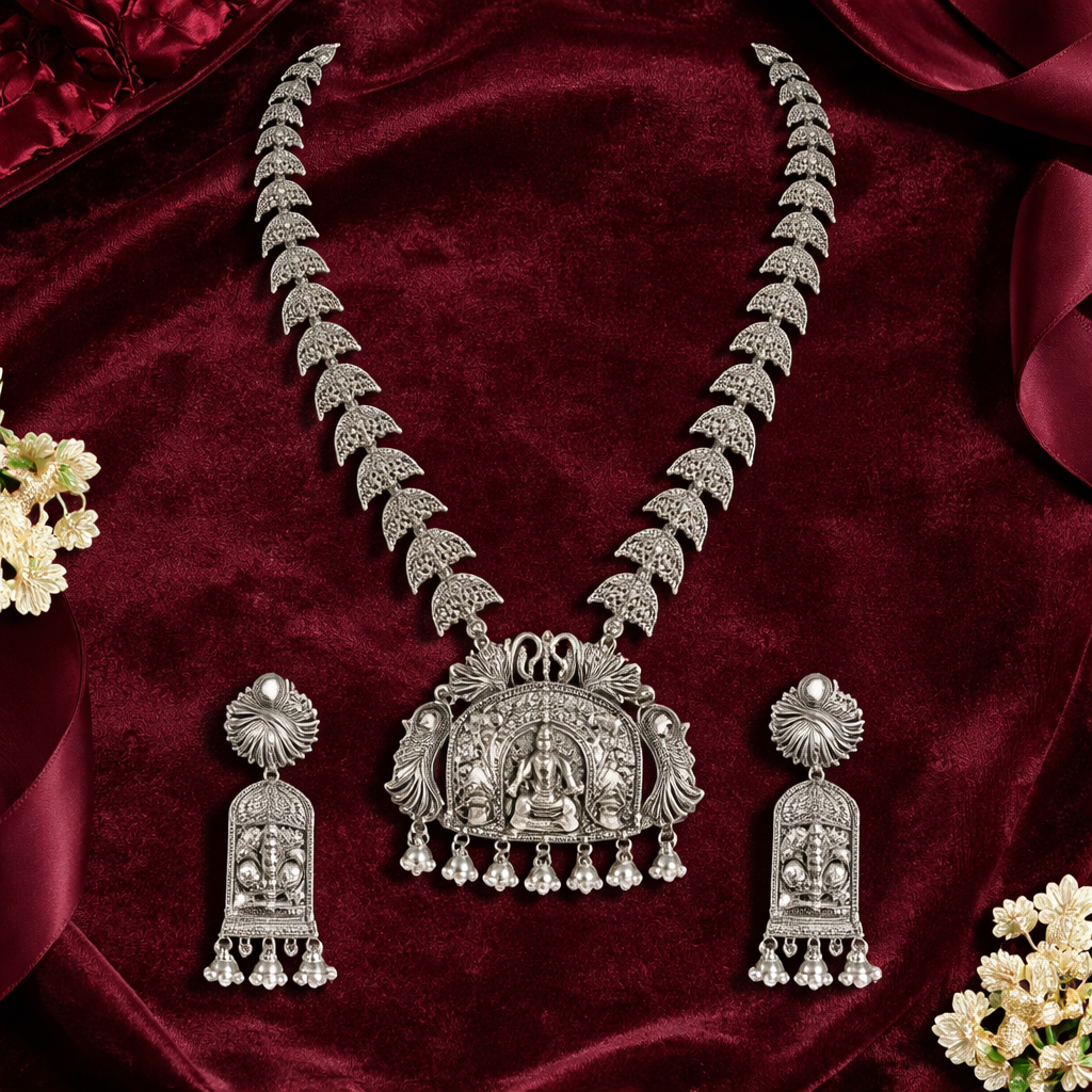 Oxidised Temple Motif Necklace with Earrings