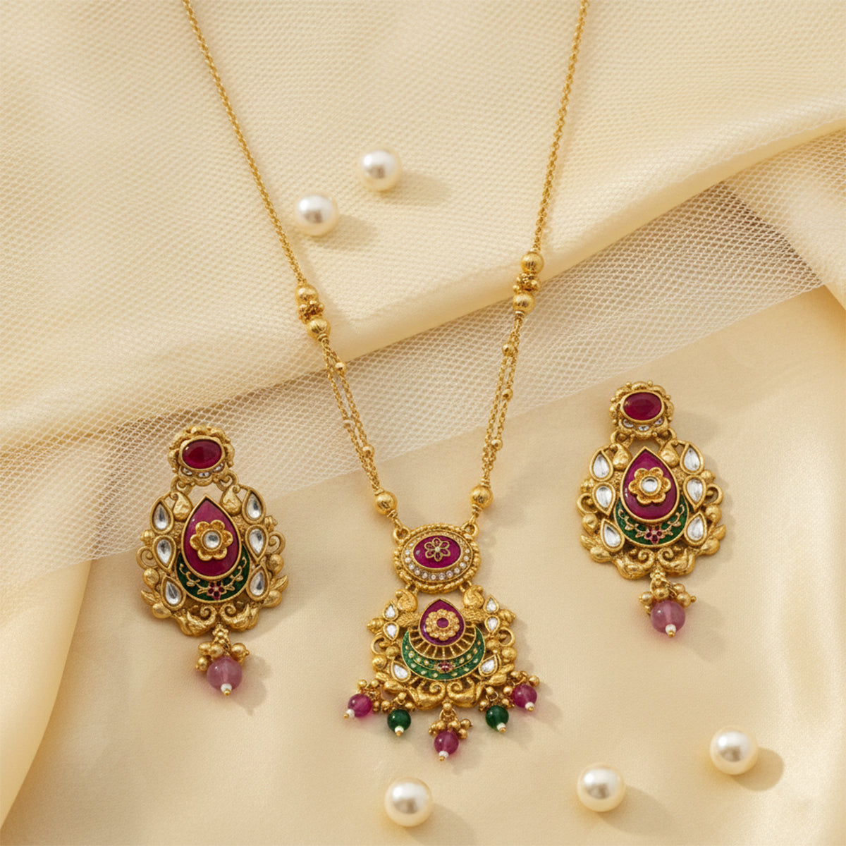 Harika- Antique Gold-Plated Kundan Meenakari Necklace Set