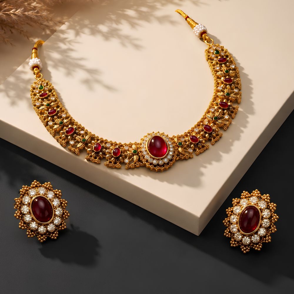 Ruhanika Ruby Temple style Floral Choker Set