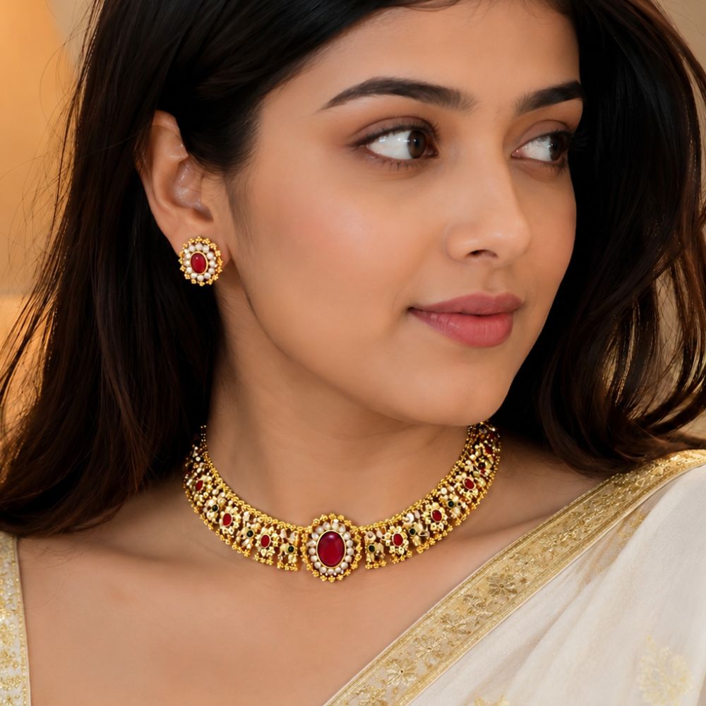 Ruhanika Ruby Temple style Floral Choker Set