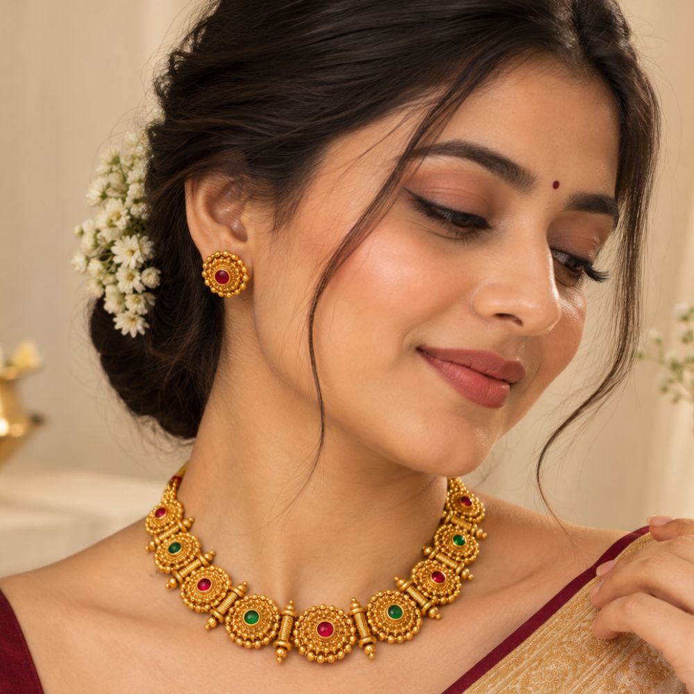 Padma - Pink & Green Heritage Floral Necklace Set