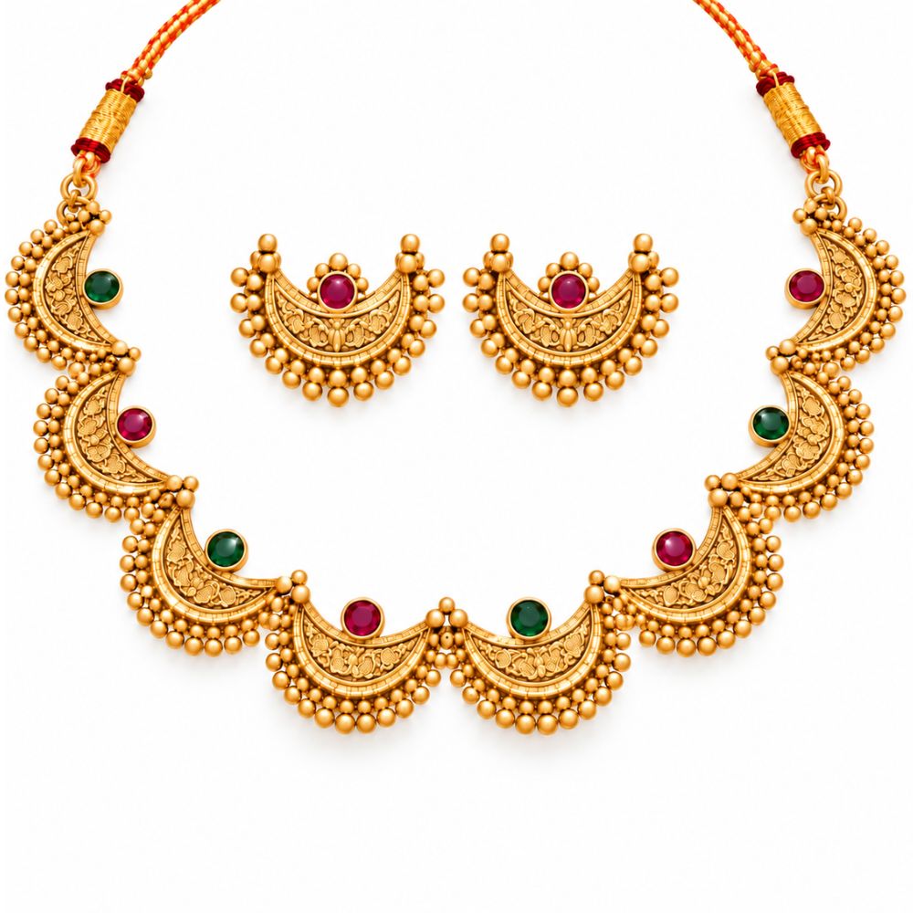 Chitralekha- Pink & Green Crescent Necklace Se