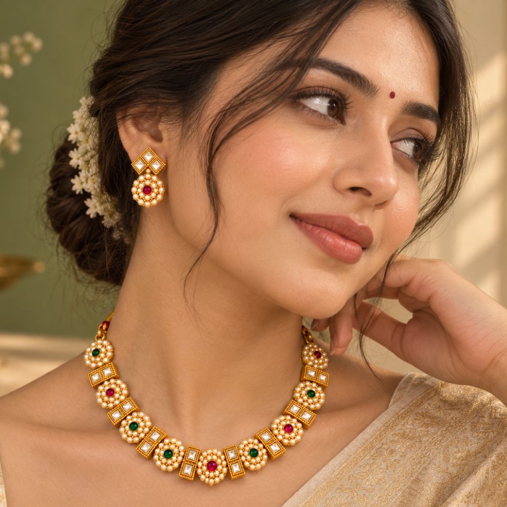 Vudushi- Pink & Green Pearl Kundan Necklace Set