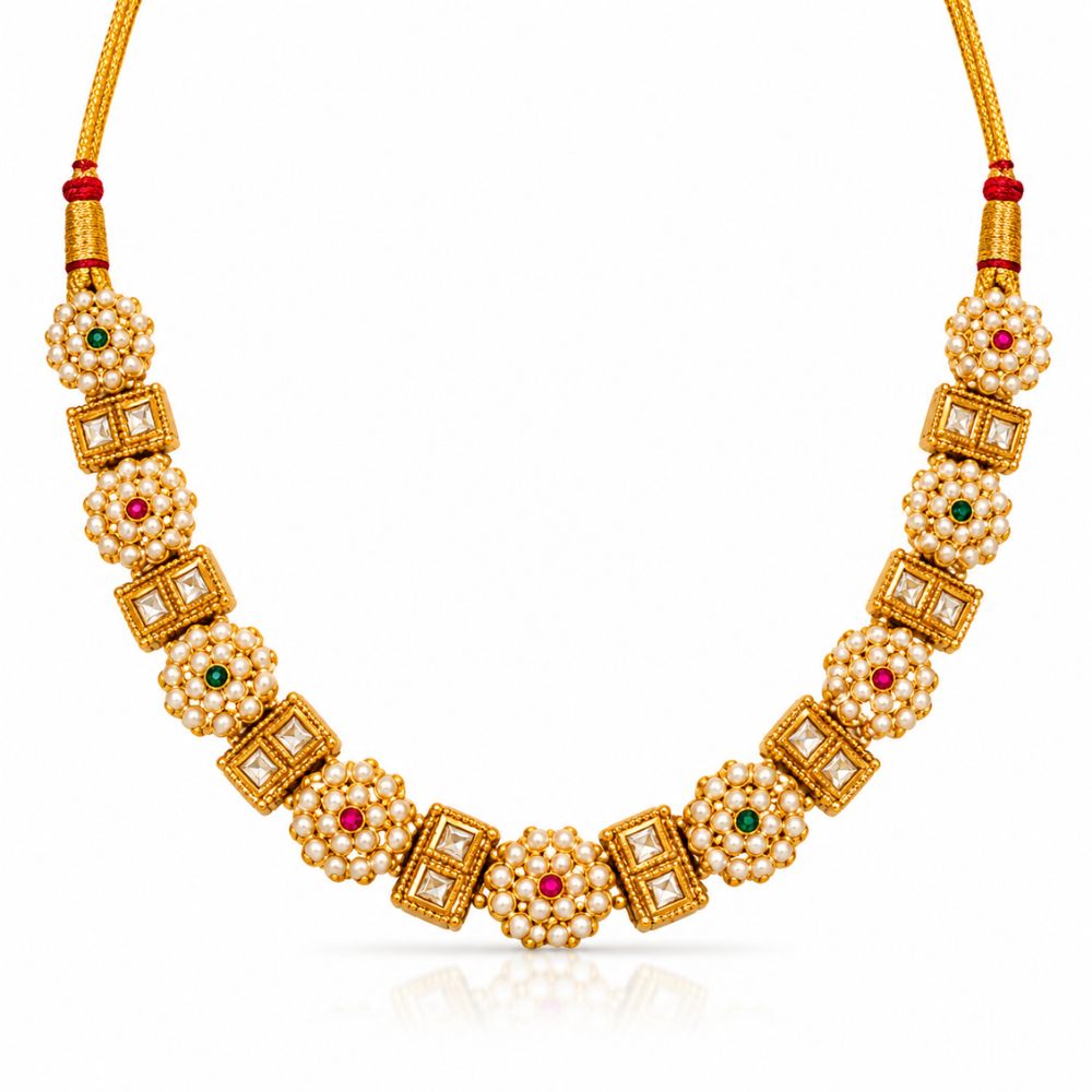 Vudushi- Pink & Green Pearl Kundan Necklace Set