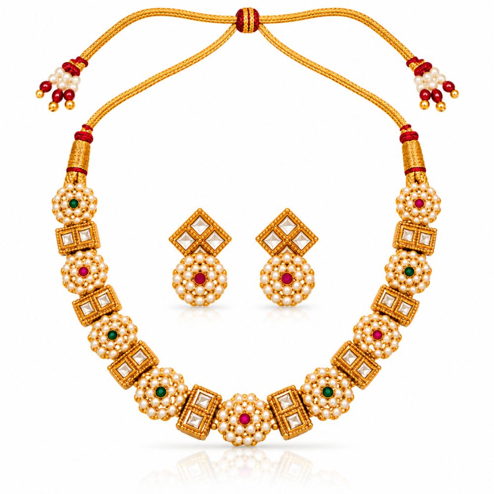 Vudushi- Pink & Green Pearl Kundan Necklace Set
