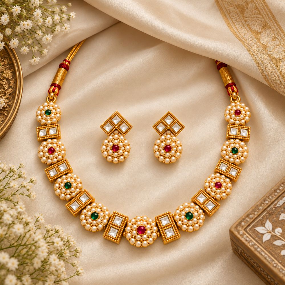 Vudushi- Pink & Green Pearl Kundan Necklace Set