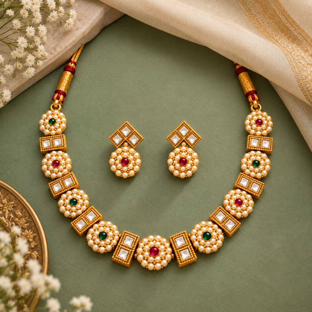 Vudushi- Pink & Green Pearl Kundan Necklace Set