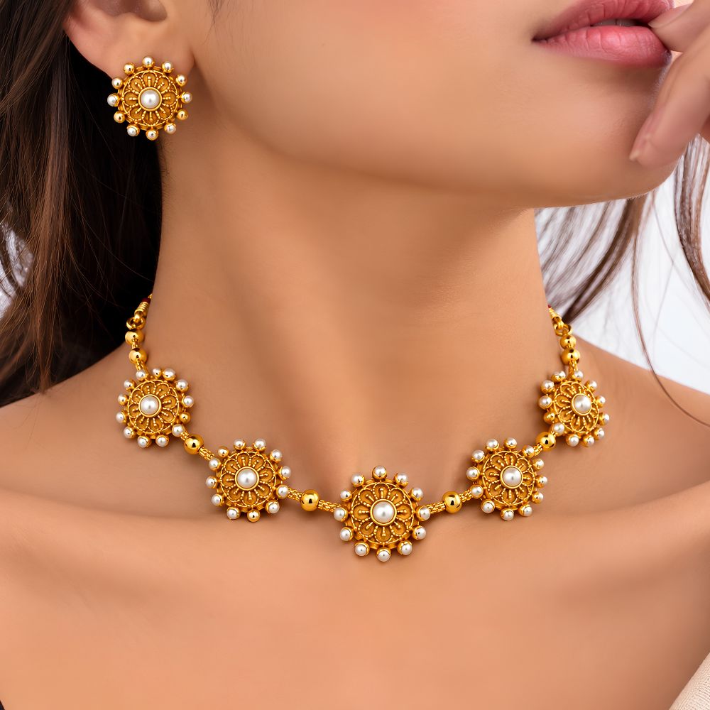 Shweta - White Pearl Floral Heritage Necklace Set
