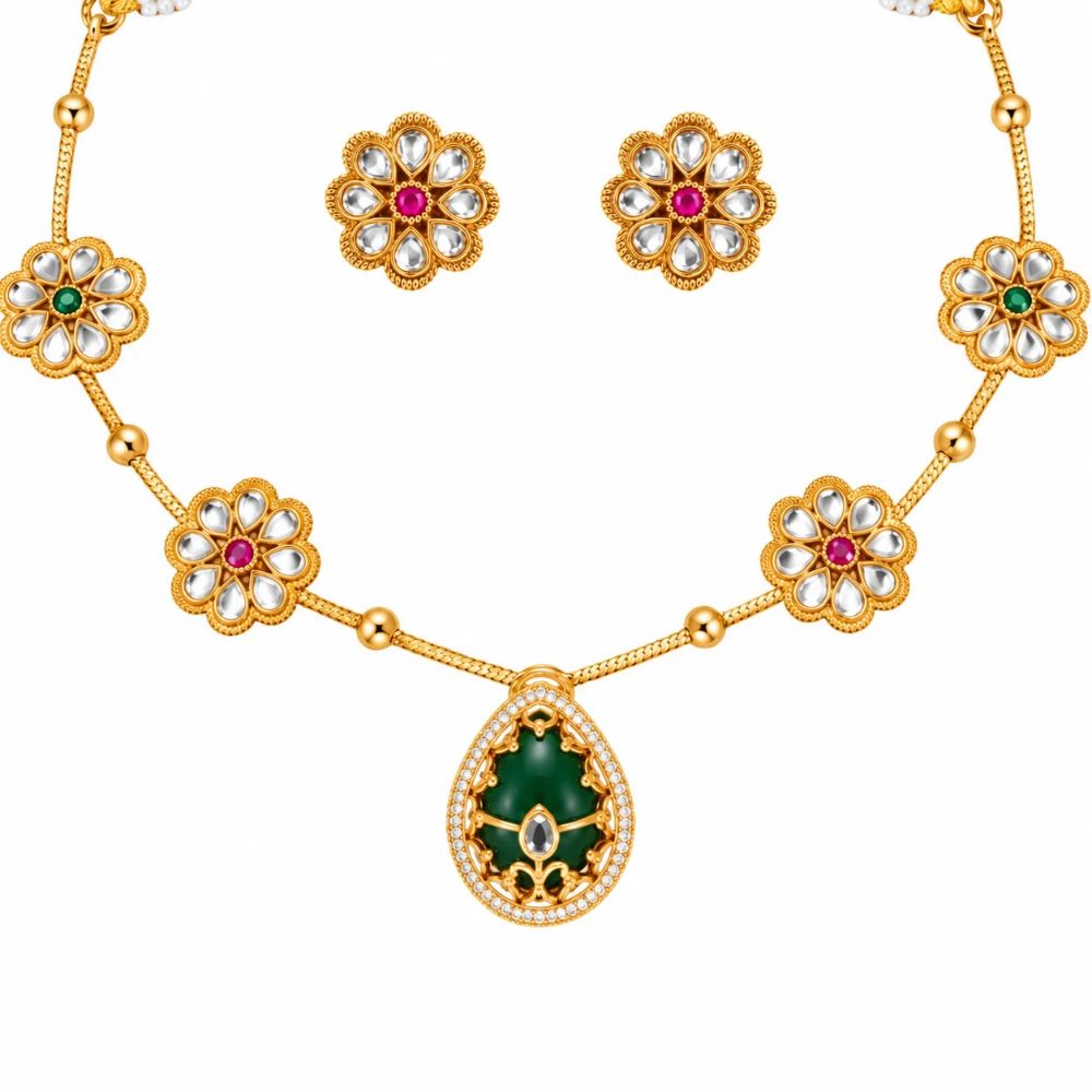Kusumika - Pink & Green Green Floral Pendant Necklace Set