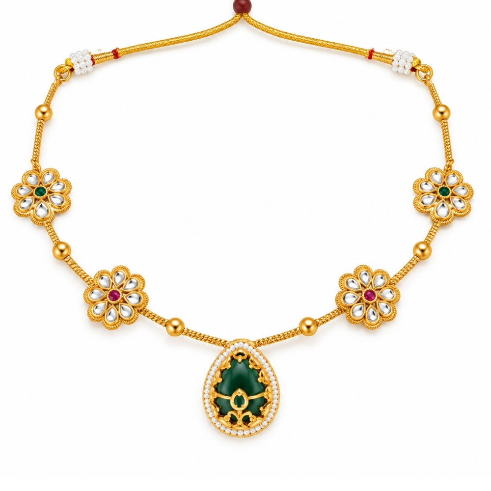 Kusumika - Pink & Green Green Floral Pendant Necklace Set