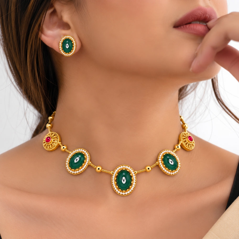 Neelum-  Green Oval Pearl-Border Necklace Set