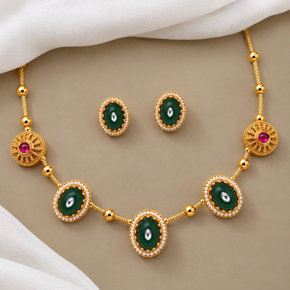 Neelum-  Green Oval Pearl-Border Necklace Set