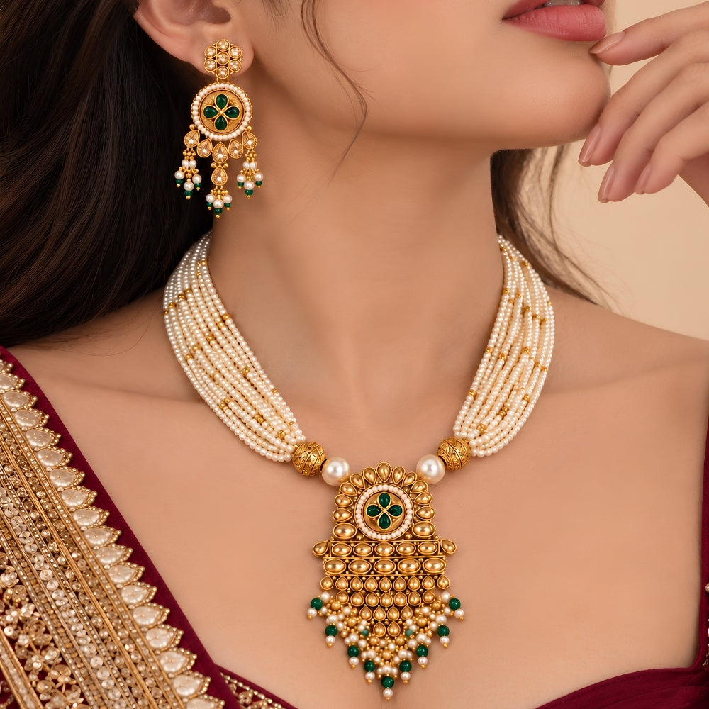 Vani – Green & Pearl Layered Necklace Set