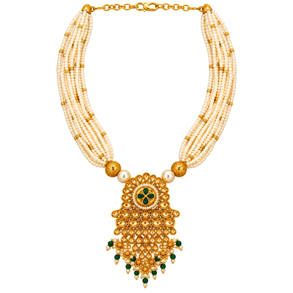 Vani – Green & Pearl Layered Necklace Set