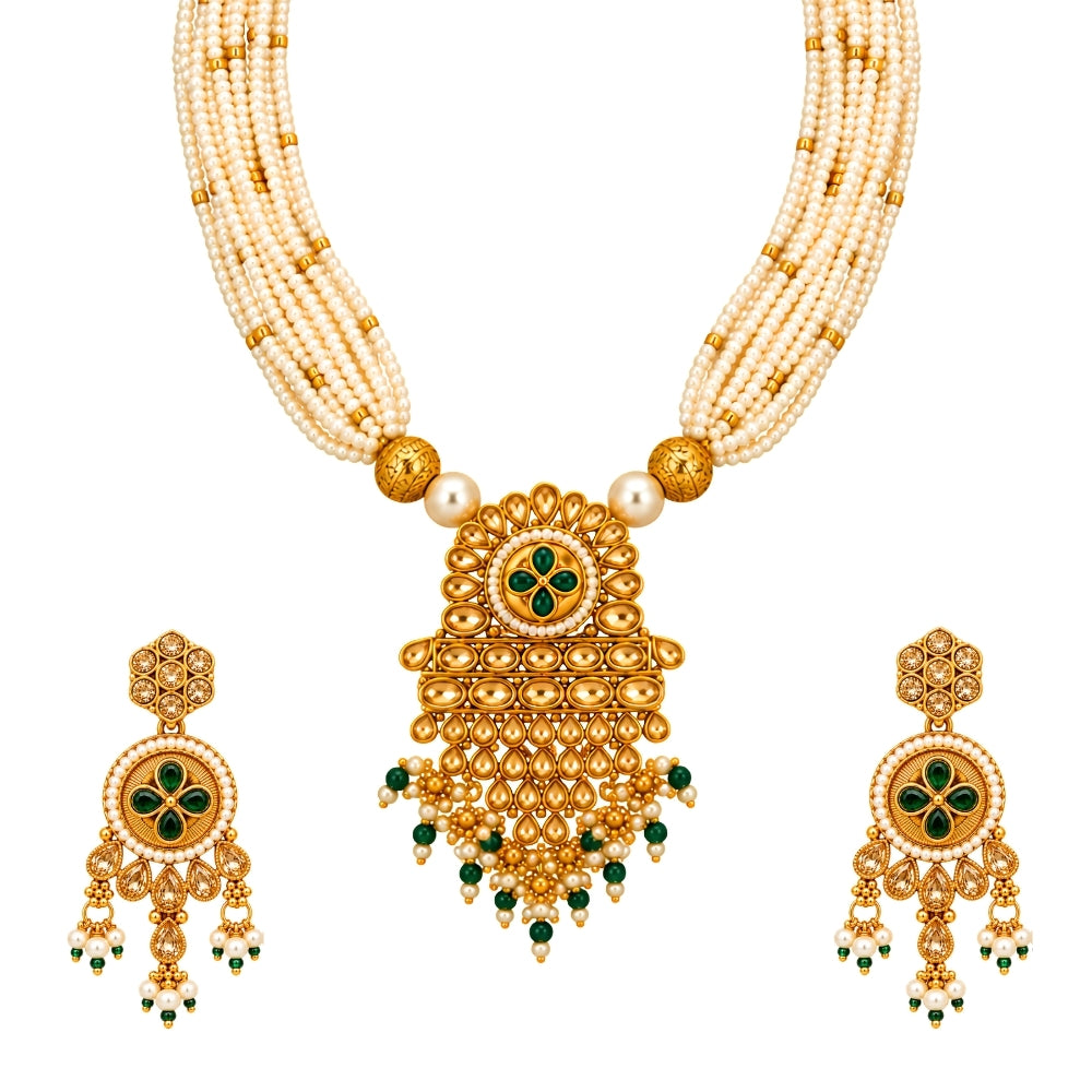 Vani – Green & Pearl Layered Necklace Set