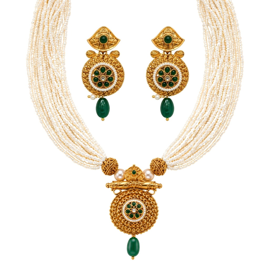 Nayab – Green & Pearl Layered Necklace Set