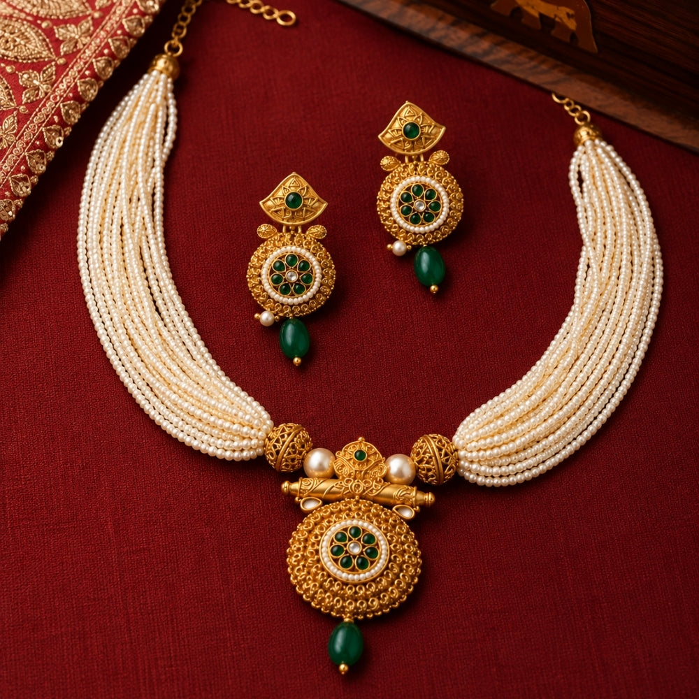 Nayab – Green & Pearl Layered Necklace Set