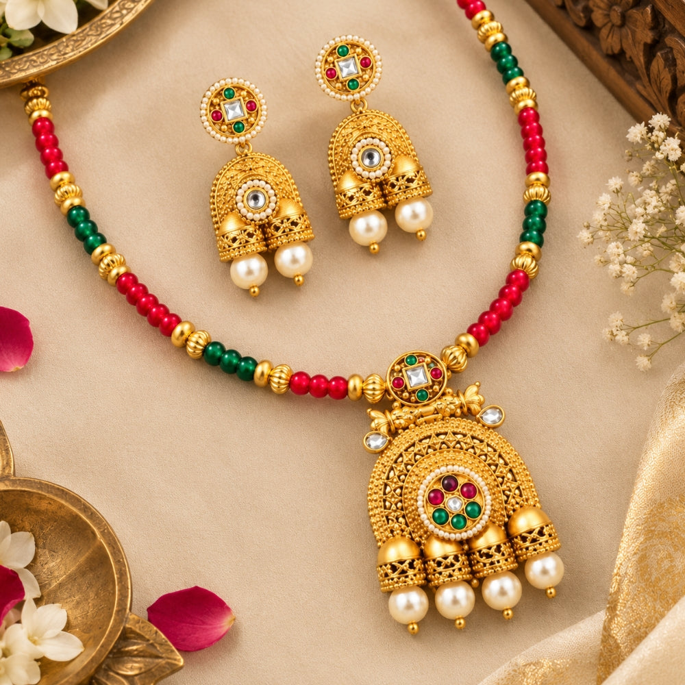 Fariham – Red & Green Beaded Jhumka Necklace Set